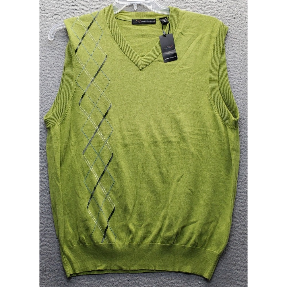 Greg Norman Golf Sweater Vest Mens M Green Argyle Natural Performance G7F0V129